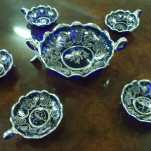 Cobalt blue glass with sterling silver overlay six piece dessert setting circa 1920