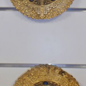 Pair of French brass wall plaques featuring mythical faces and inset with blue stones and hand painted Limoges enamel scenes circa 1930
