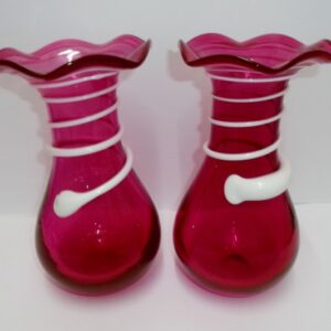 Pair of ruby glass vases with white glass decoration circa 1900