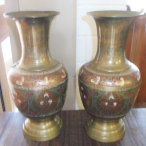 Pair of etched and hand painted brass vases India circa 1960