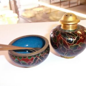Cloisonne salt and pepper set with spoons China circa 1960