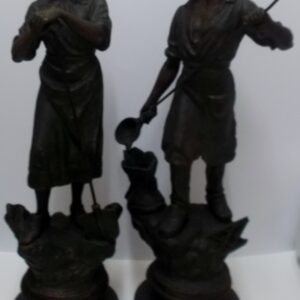 Pair of Belgian spelter figurines on bases depicting coal workers. One tagged La Hiercheuse (female coal worker) and one tag missing which would have read Le Minier (male coal worker) Belgium circa 1870