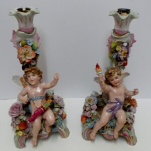 Pair of German Sitzendorf candle holders. Some losses consistent with age. Circa 1880