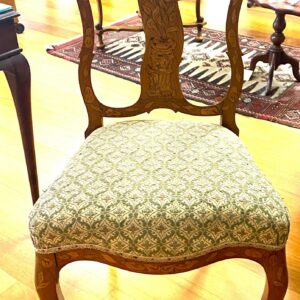 Elm side chair with extensive boxwood and satinwood inlay (minor inlay loss consistent with age) fabric is later Holland circa 1770