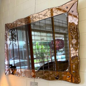Art Deco mirror with etched pink border, some marks to the edges consistent with age circa 1930