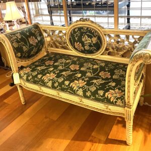Painted  and  intricately  carved  timber   settee with  original  fabric  upholstery France  circa  1950