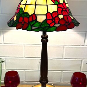 Leadlight lamp on a timber stand with painted metal base circa 1970