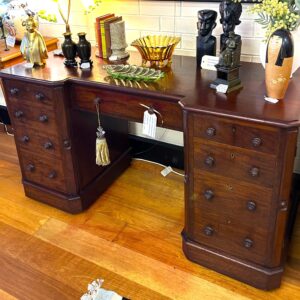 Colonial  cedar  twin  pedestal  desk, with central  drawer  and  faux  drawers (doors)  which  open  to  reveal  internal  drawers, on  concealed  castors Australia  circa  1880