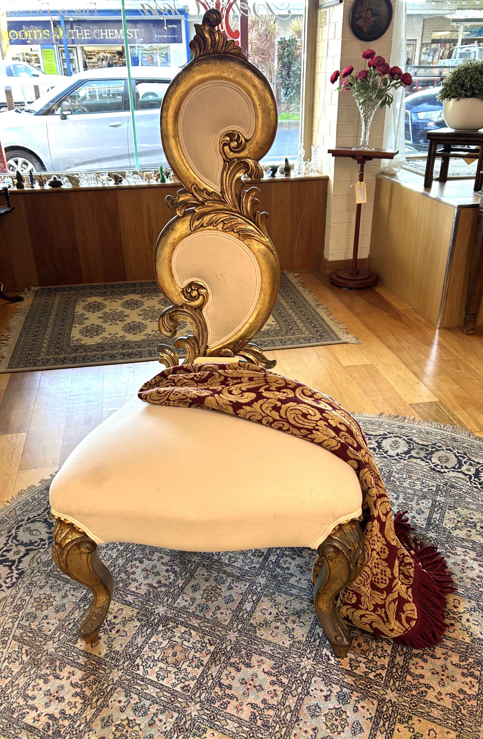 Giltwood scrolled side chair with original fabric upholstery Italy circa 1950