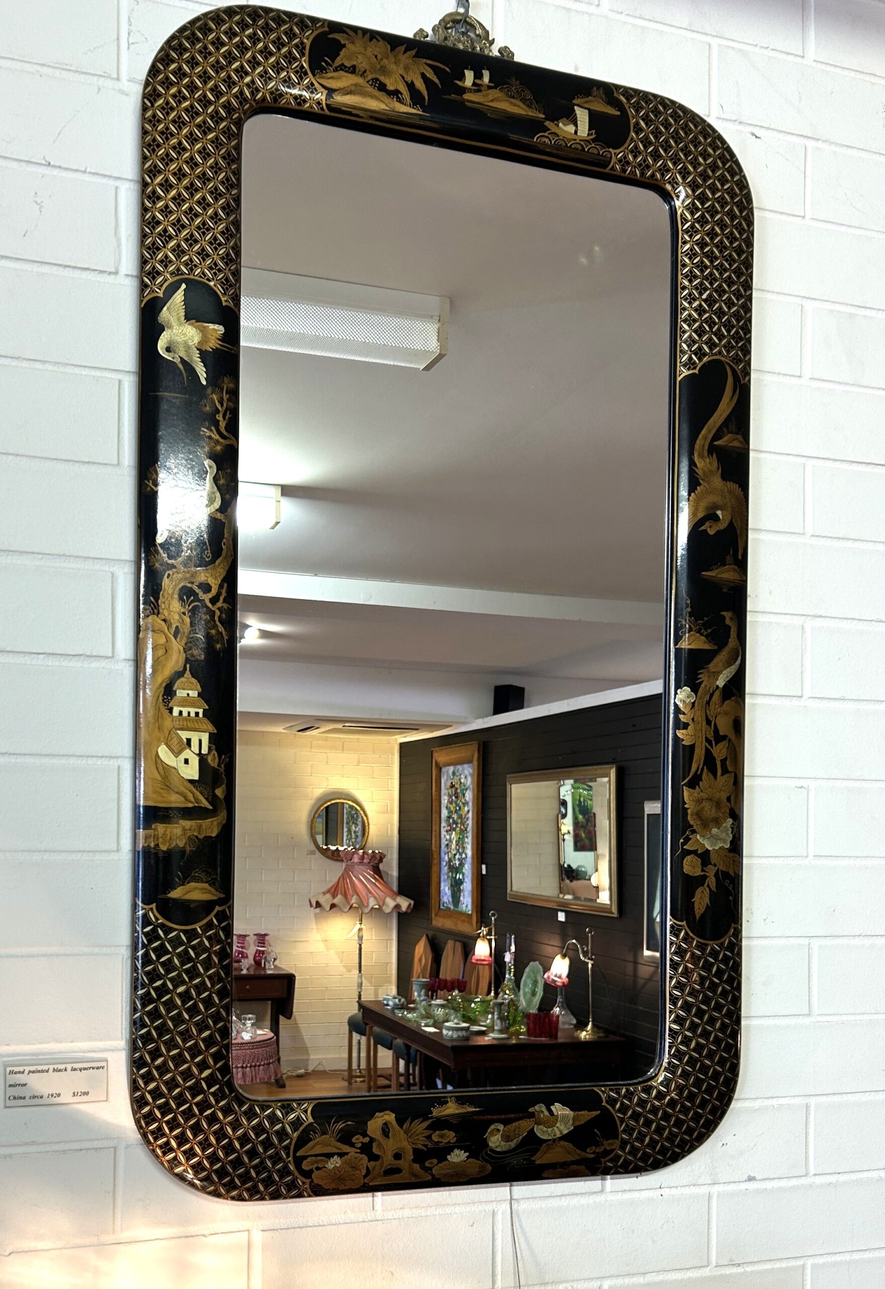 Hand painted black lacquerware mirror China circa 1920