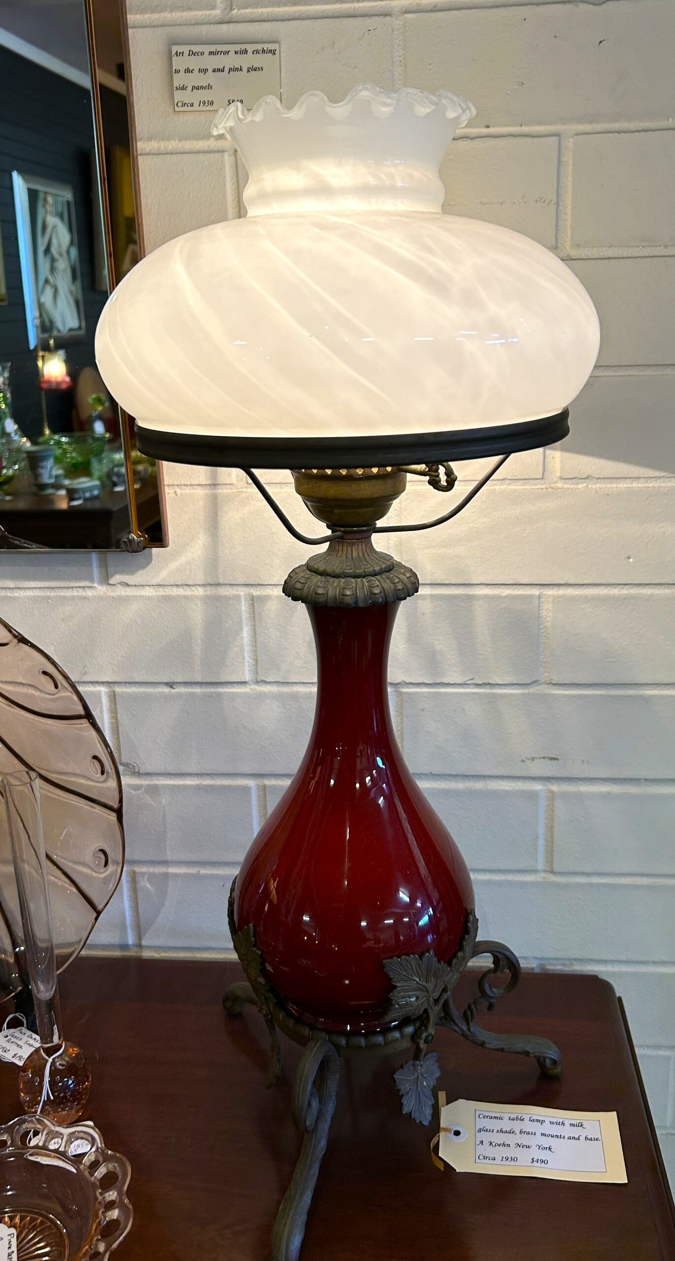Ceramic table lamp with milk glass shade, brass mounts and base A Koehn New York circa 1930