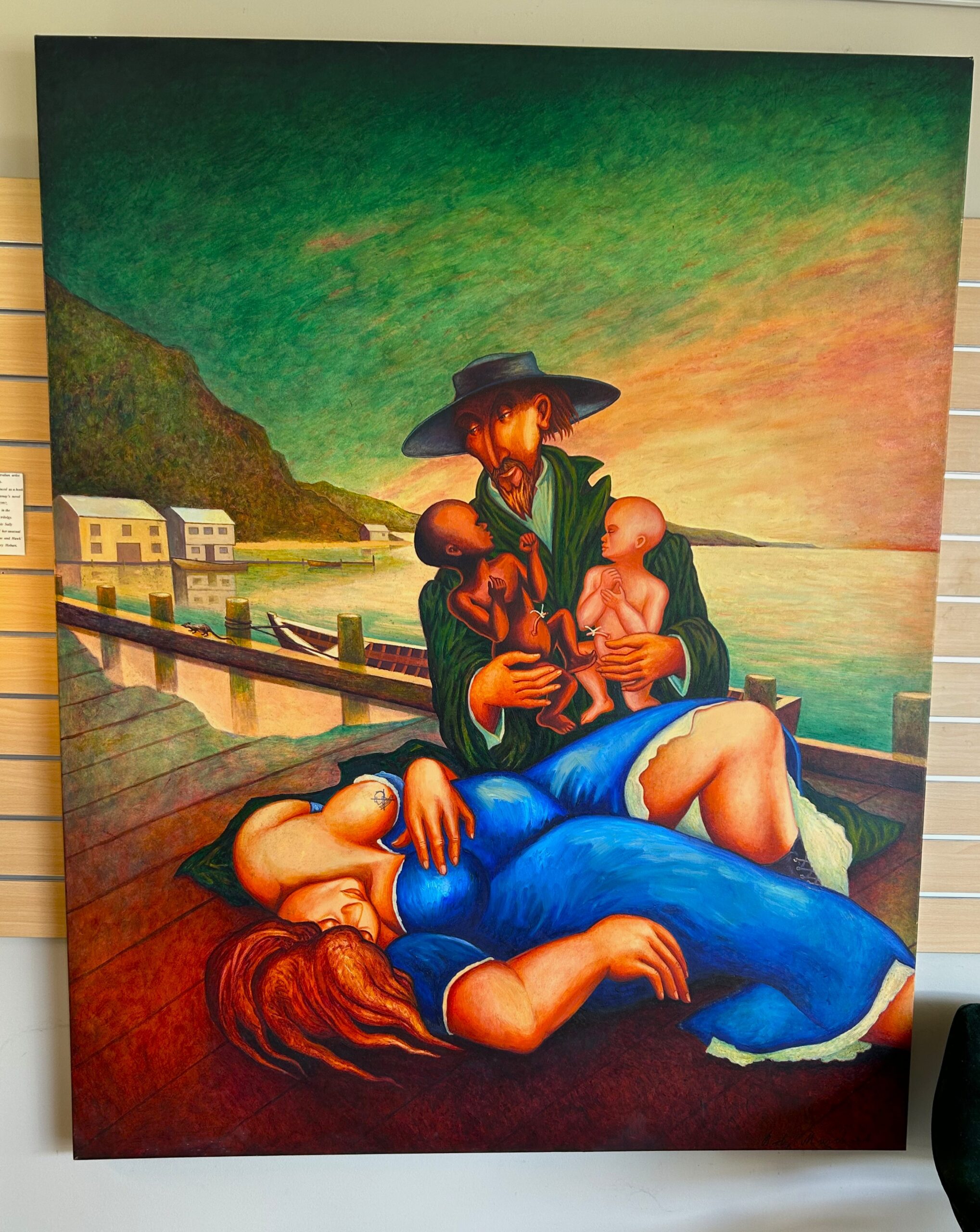 Oil on canvas by Australian artist Robert Marchant 1938- Original artwork produced as a book cover for Bryce Courtenay’s novel ‘Tommo and Hawk’ 1997, the second instalment in the ‘The Potato Factory’ trilolgy. Depicting Sperm Whale Sally following the birth of her unusual fraternal twins ‘Tommo and Hawk’ in dockside 19th century Hobart.