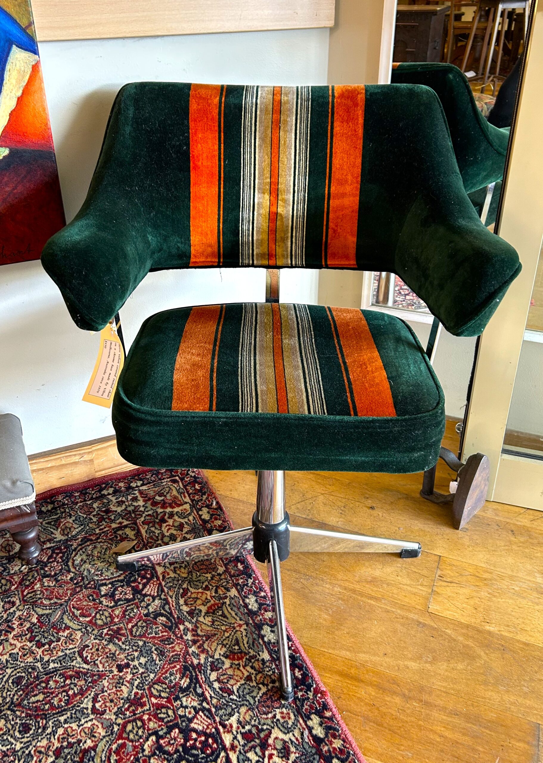 Retro velvet covered swivel chair on a chrome base made by Ultra Melbourne, Australia circa 1970