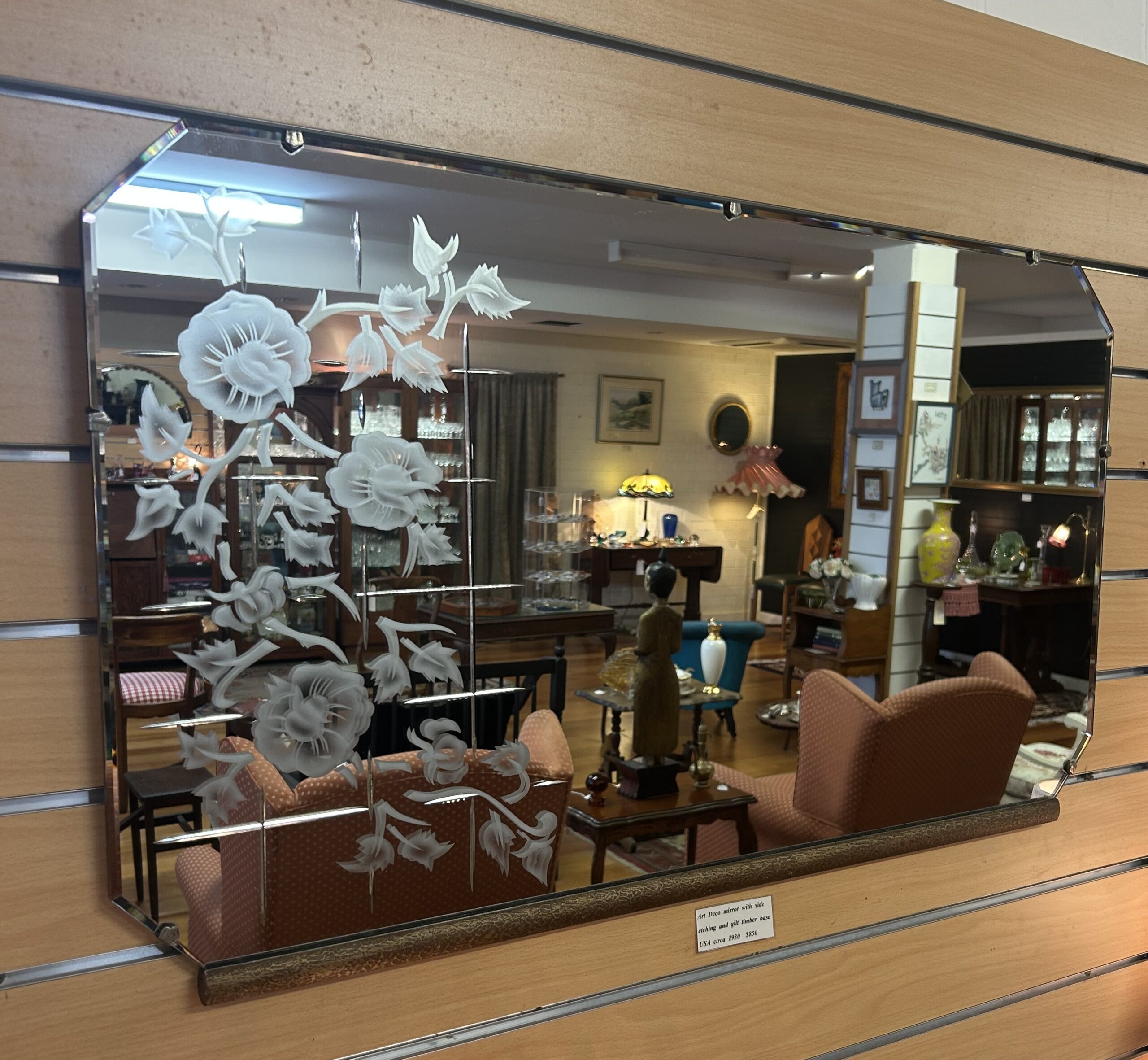 Art Deco mirror with side etching and gilt timber base USA circa 1930